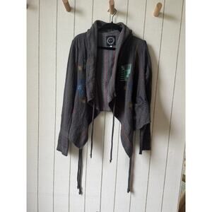 Biya Johnny Was Drape Front Hood Cardigan Aztec Embroidered Gray Medium Boho